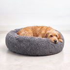 Hund liegt auf der Seite im dunkelgrauen Plüsch-Hundebett WOLKE