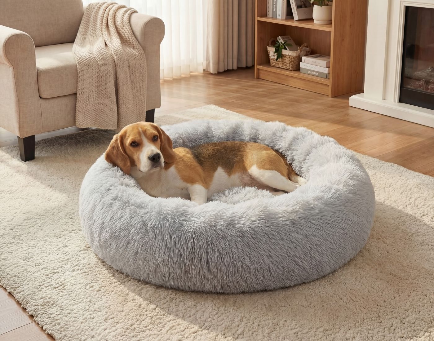 Beagle schläft entspannt in einem flauschigen runden Hundebett in Grau