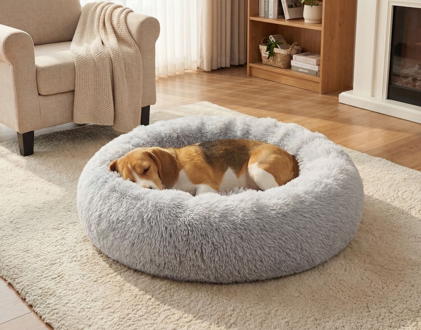 Beagle liegt in einem flauschigen runden Hundebett in Grau im Wohnzimmer