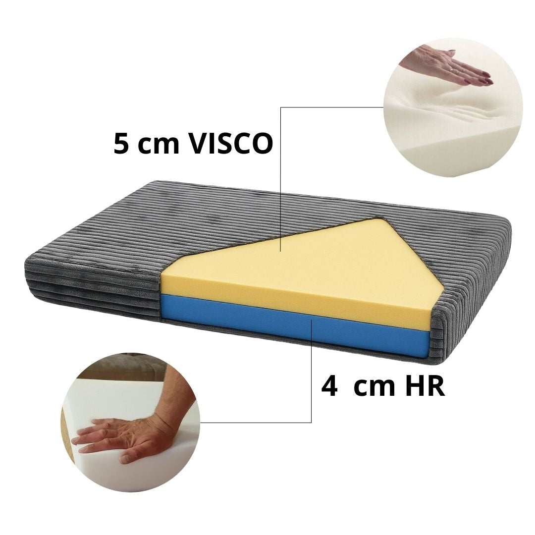 Detailansicht der orthopädischen Hundematratze aus HR + VISCO-Schaum, 9 cm dick, für optimalen Komfort und Unterstützung