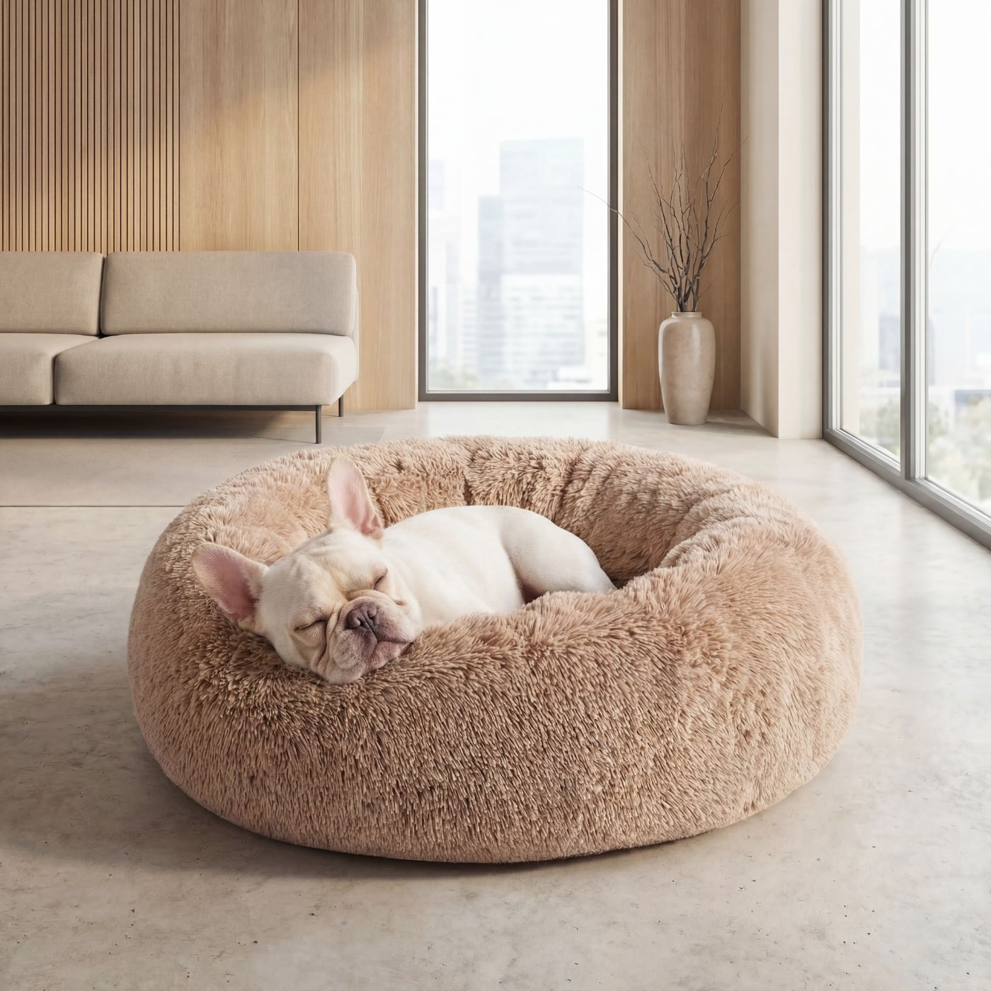 Französische Bulldogge im hellbraunen Hundebett Wolke in modernem Wohnzimmer
