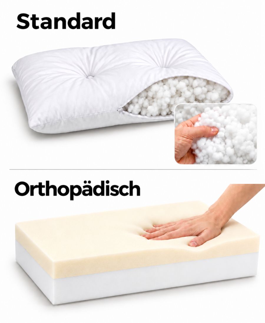 Vergleich zwischen einer Standardmatratze mit weicher Faserfüllung und einer orthopädischen Hundematratze aus zweischichtigem Schaumstoff.