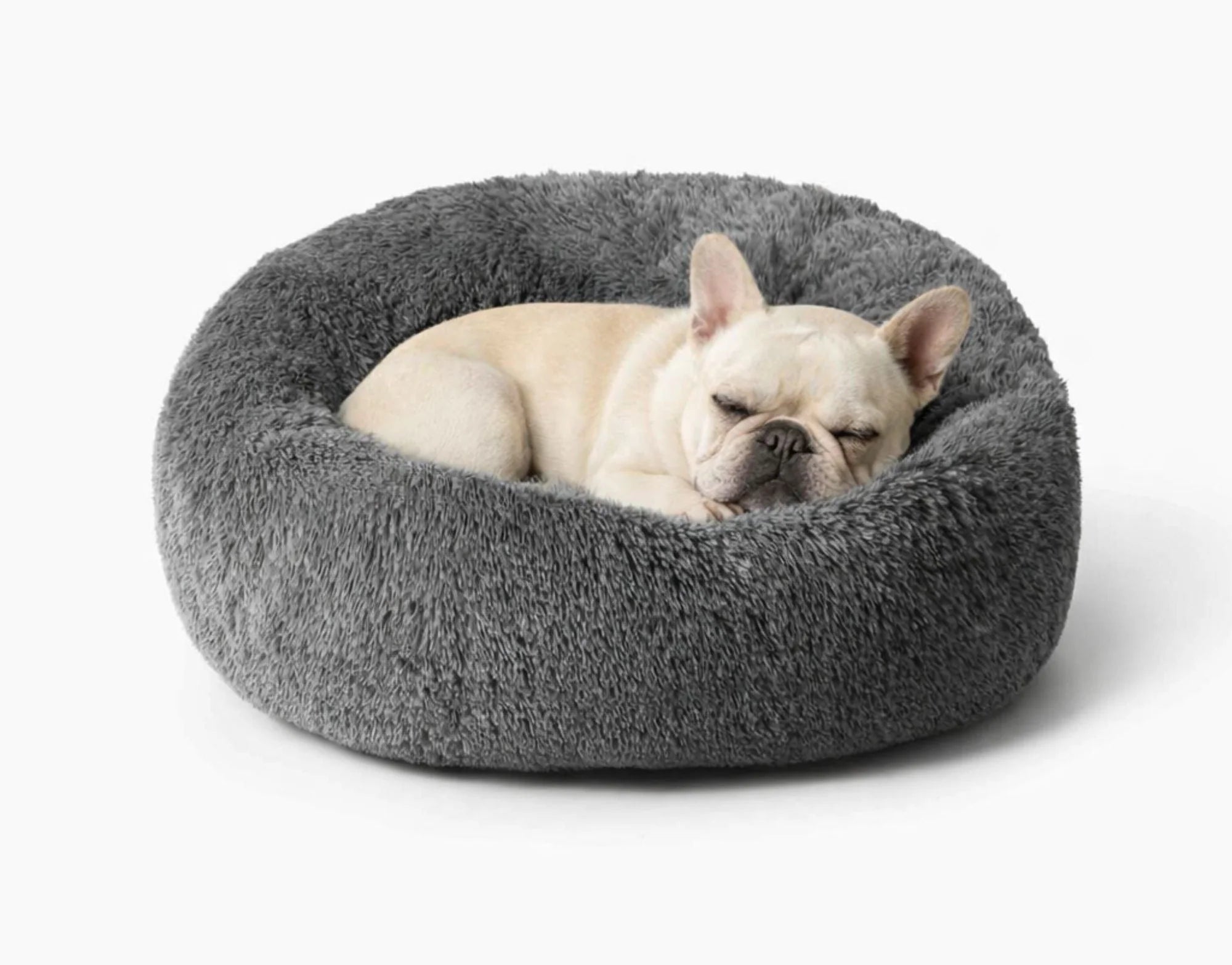 Plüschiges Hundebett dunkelgrau für Französische Bulldogge – weiches, antistress Hundebett mit hohem Rand, extra dick gefüllt, handgefertigt in Europa